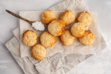 Healthy vegan homemade coconut cookies, light background, top view, copy space. Healthy vegan food concept.