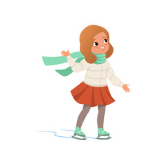 Lovely girl in warm clothes ice skating vector Illustration on a white background