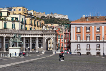 Fototapeta na wymiar Naples (Italy) - Piazza Plebiscito, the main square in the historic centre of Naples. Prefecture Palace and the colonnade of the church of San Francesco di Paola