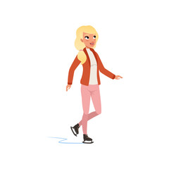 Beautiful blonde girl in warm clothes ice skating vector Illustration isolated on a white background