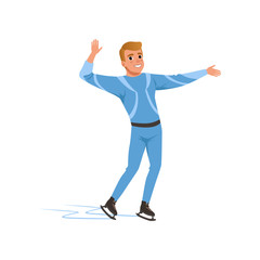 Cheerful figure skater man in blue costume skating, male athlete practicing at indoor skating rink vector Illustration on a white background