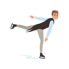 Cheerful figure skater man skating, male athlete practicing at indoor skating rink vector Illustration on a white background