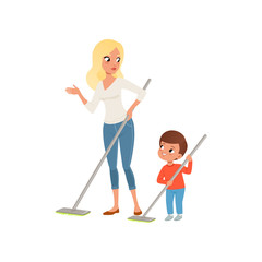 Fototapeta premium Mother and her little son sweeping the floor at home together vector Illustration on a white background