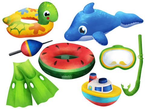 Bright inflatable beach children toys clip art on white background