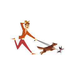 Young man running with his dogs, cute pets with its owner vector Illustration on a white background