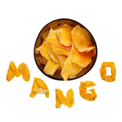 Dehydrated mango slices and fresh raw mango isolated on white. Dried fruits, mango inscription.