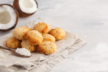 Healthy vegan homemade coconut cookies, light background, copy space. Healthy vegan food concept.