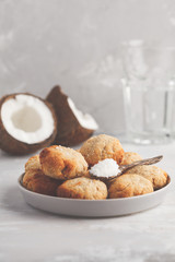 Healthy vegan homemade coconut cookies, light background, copy space. Healthy vegan food concept.