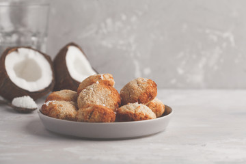 Healthy vegan homemade coconut cookies, light background, copy space. Healthy vegan food concept.