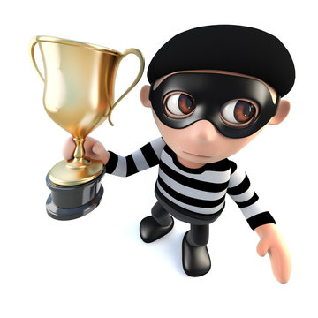 3d Funny cartoon burglar thief character holding a gold cup trophy
