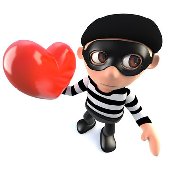 3d Funny cartoon burglar thief character holding a red romantic heart