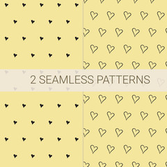 Set of 2 seamless patterns in black and yellow with small hearts. Perfect to textile and paper design, cover books,backgrounds.