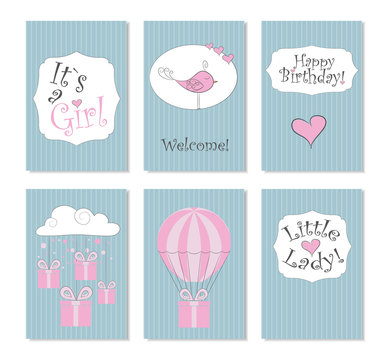 Vector Illustration.Set of 6 printable cards. Perfect to newborn Birthday cards, postcards, stickers, labels, banners, posters and other things in  blue,pink  and white  colors. Its a girl.Little lady