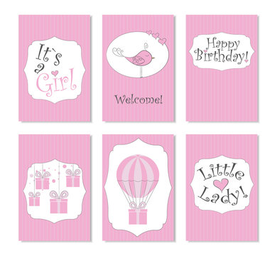 Vector Illustration.Set of 6 printable cards. Perfect to newborn Birthday cards, postcards, stickers, labels, banners, posters and other things in  pink  and white  colors. Its a girl.Little lady