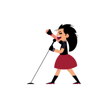 Young rock female musician with long black hair holding microphone and singing with expression isolated on white background. Rock womanperfoming at concert. Cartoon style vector illustration.