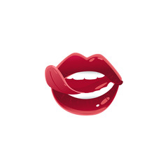 Vector cartoon woman mouth with sexy lips open, white teeth and sticking out tongue. Red lipstick makeup glamour fashion style glossy sensual kiss symbol. Isolated illustration on a white background.