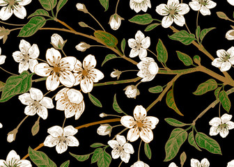 Naklejka premium Floral vintage seamless pattern with Japanese cherry.