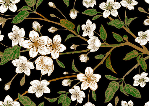 Floral vintage seamless pattern with Japanese cherry. © marinavorona