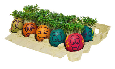 Easter egg painted in a funny smiley  face and colorful patterns with cress like hair in a...
