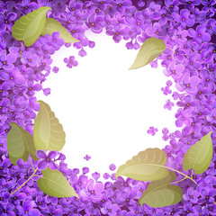 Illustration of a round frame of flowers and leaves of lilac.