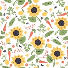 Seamless vector pattern with sunflowers and vegetables. Summer bright background. - 196991369