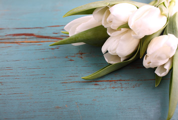 Bouquet of white tulips on a blue wooden table, copy space. Easter.