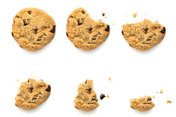 Six steps of chocolate chip cookie being eaten isolated on white background