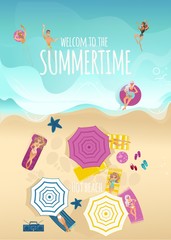 Summer beach vacation and holiday time vertical banner with top view of people sunbathing on sand under umbrellas and swimming in sea with inflatable ball and ring. Cartoon vector illustration.