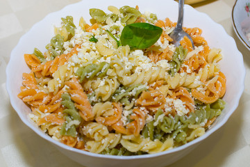 Healthy pasta salad with feta cheese
