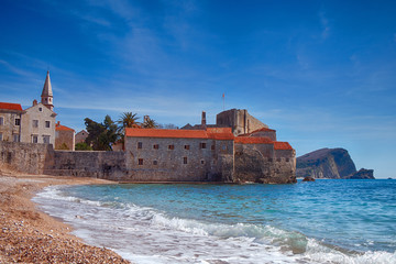 Montenegro. Budva. The fortress of the old town by the sea in sunny weather.