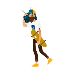 Young hipster man guy with beard and moustache walking with skateboard and boombox, flat cartoon vector illustration isolated on white background. Hipster man with skateboard and boombox, street style