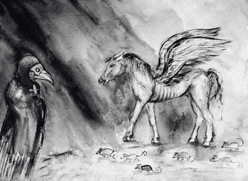 Drawing of pale horse of the apocalypse in  black and white. The dabbing technique near the edges gives a soft focus effect due to the altered surface roughness of the paper.