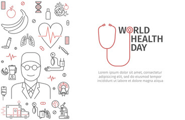 World Health Day heart and stethoscope design. Line vector banner.