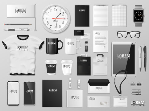 Corporate Branding identity template design. Modern Stationery mockup black and white color. Business style stationery and documentation. Vector illustration