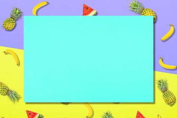 Pattern of fresh summer sweet fruit for holiday concept flat lay mockup and top view of minimal colourful style with copy space for background, pastel fashion in trend