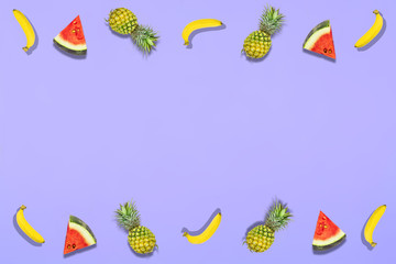 Pattern of fresh summer sweet fruit for holiday concept flat lay mockup and top view of minimal colourful style with copy space for background, pastel fashion in trend