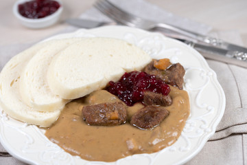 Marinated beef tende with cranberries on white plate