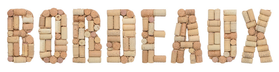 Wine region of France Bordeaux made from wine corks Isolated on white background