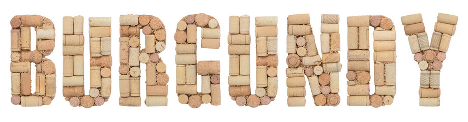 Wine region of France Burgundy made from wine corks Isolated on white background