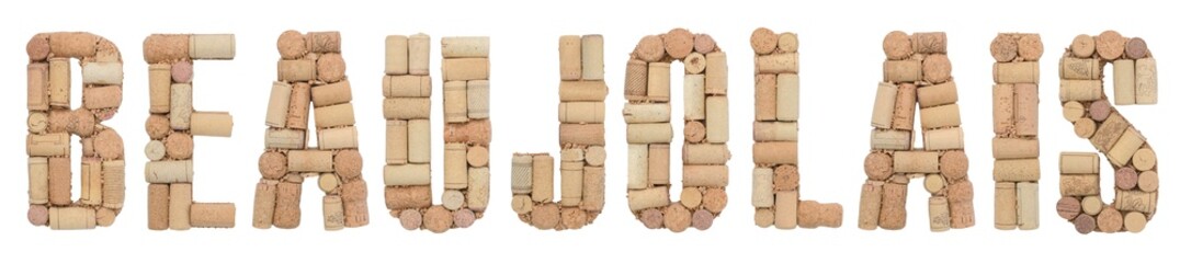 Wine region of France Beaujolais  made from wine corks Isolated on white background