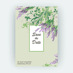 Lavender floral pattern cover design. Hand drawn flower. Elegant trendy artistic background blossom greenery branche. Graphic illustration wedding, invitation, poster, card, cover book, catalog