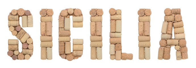 Wine region of Italy SICILIA made from wine corks Isolated on white background
