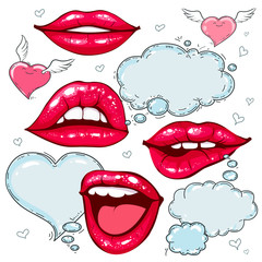 colorful icons, set red lips with speech bubble and heart with wings