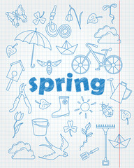 Set contour cartoon of icons on a theme of spring , simple contour icons, blue  contour  icons on the clean writing-book sheet in a cage