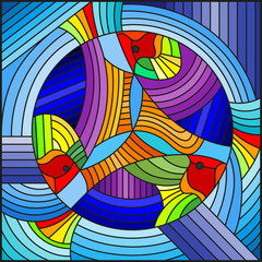 Naklejki  Ilustracja w stylu witrażu z abstrakcyjną geometryczną tęczową rybą na niebieskim tle