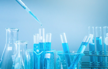 Test tubes closeup, science laboratory research and development concept