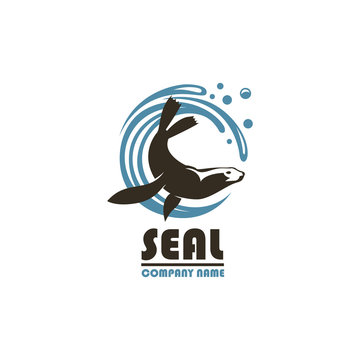 Emblem Of Sea Seal Silhouette With Water Splash