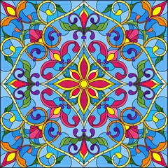 Papier Peint photo autocollant Tuiles marocaines Illustration dans le style de vitrail, image miroir carrée avec ornements floraux et tourbillons