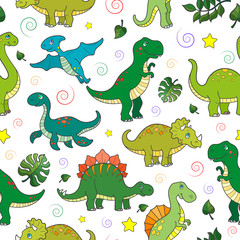 Fototapeta premium Seamless pattern with colorful dinosaurs and leaves, animals on white background