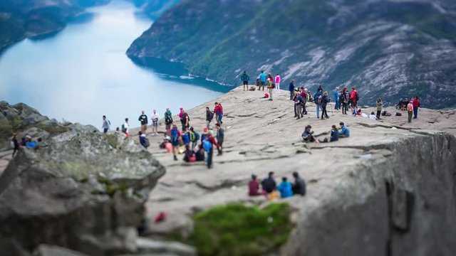 NORWAY- June 22, 2015: Preikestolen or Prekestolen, also known by the English translations of Preacher's Pulpit or Pulpit Rock, is a famous tourist attraction in Forsand, Ryfylke, Norway
